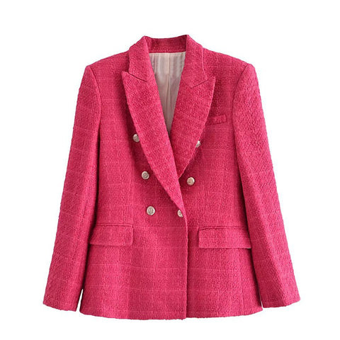 Women Blazer Coat 2023 Tweed Jacket Notched Neck Double Breasted Slim Tweed Blazers Suit Office Lady Casual Business