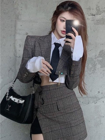 Women Blazer Jacket Skirt Set Suit 2 Pieces Crop Top Plaid Elegant Chic Women Clothes Office Lady Spring Autumn Female Suits