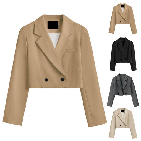 Women Blazer Notched Collar Long Sleeve Solid Color Buttons Placket Lapel Short Suit Jacket Outerwear Double Breasted Jacket Top