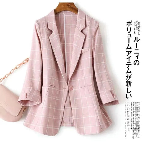 Women Blazer Plaid Coat 2023 Summer Notched Collar Business Suits Work Office Ladies Suit Jacket Casual Vintage Blazers 4XL