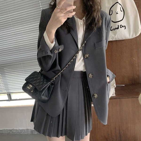 Women Blazer Single Breasted Jacket Pleated A Line Skirt Set Long Sleeve Solid Coat Mini Skirts Preppy Sweet Style Fall Suit