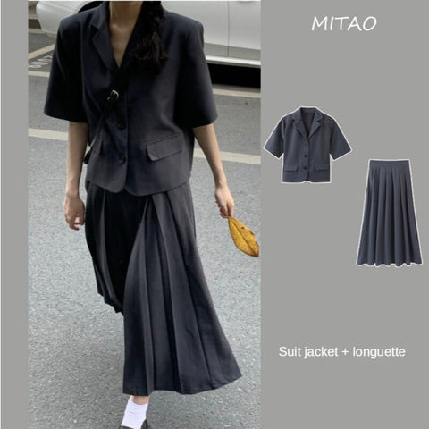 Women Blazer Skirt Suits 2022 Summer Korean Women's Office Clothes Short Suit For Formal Wear Coat Pleated Two Piece