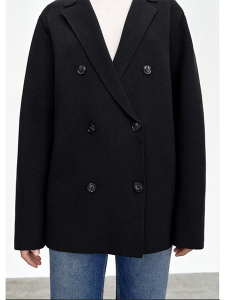 Women Blazer Slim Fit 100% Wool Double-breasted Knitted Stretch Lapel Jacket