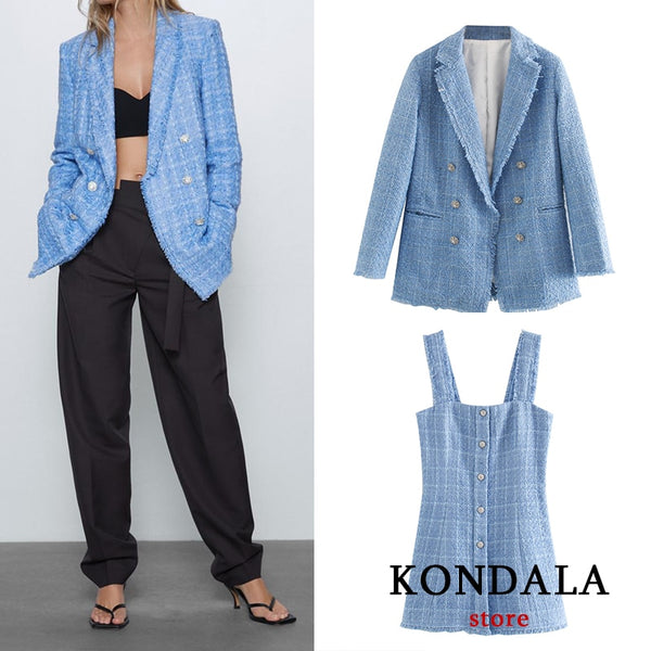 Women Blazer Za 2022 Office Lady Blue Plaid Two-piece Women Suit Single-Breasted Long Sleeve Spring Cardigan Jacket