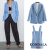 Women Blazer Za 2022 Office Lady Blue Plaid Two-piece Women Suit Single-Breasted Long Sleeve Spring Cardigan Jacket