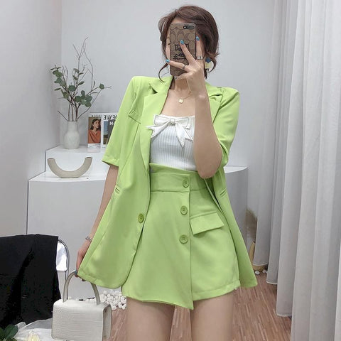 Women Blazer and Skirt Set Suit Skirts Suit Summer Thin Suit Jacket High Waist Irregular Culottes Shorts Two Piece Set