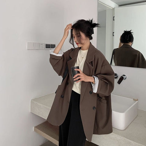 Women Blazers All-match Solid Outwear Loose Overcoat Elegant Official Cloak High Street Coat Autumn Oversized Jacket