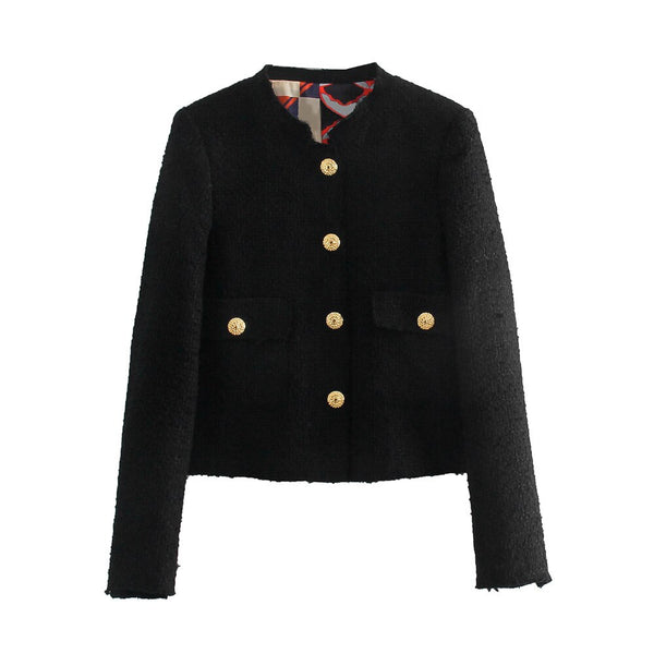 Women Blazers And Jackets Long Sleeve Mandarin Collar Elegant Tweed Blazer Office Gold Button Up Black Blazer With Flap Pockets