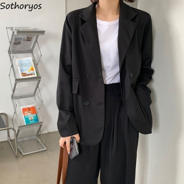 Women Blazers Casual Long Sleeve Double Breasted Outerwear Loose Notched Elegant Korean Ulzzang Office Ladies Button Blazer Chic