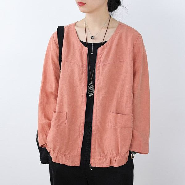 Women Blazers Casual Loose Cotton Linen Suit Jacket o-Neck Outerwear Female Zipper Pockets Tunic Thin Spring Summer Blazer Blusa