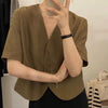 Women Blazers Simple Elegant Summer Crop Breathable V-neck Single Breasted Short Sleeve Pockets Feminine Office Street Female BF