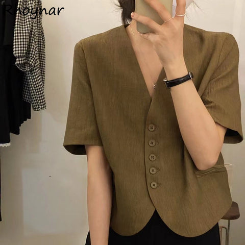 Women Blazers Simple Elegant Summer Crop Breathable V-neck Single Breasted Short Sleeve Pockets Feminine Office Street Female BF
