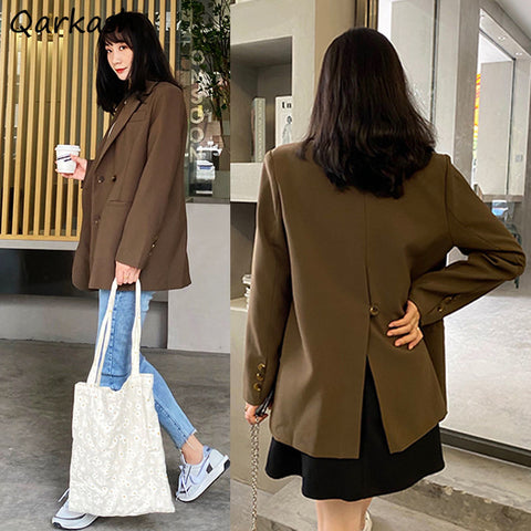 Women Blazers Solid Black Brown Loose Casual All-match Single Breasted Back Split Korean Style Students Outwear Chic New