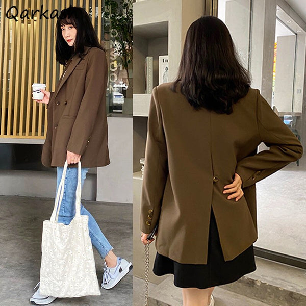 Women Blazers Solid Black Brown Loose Casual All-match Single Breasted Back Split Korean Style Students Outwear Chic New