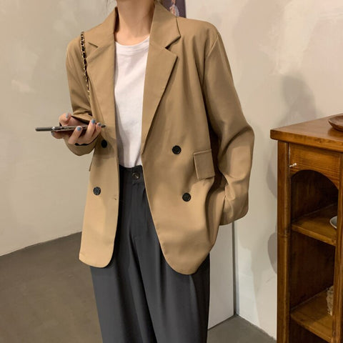Women Blazers Solid Double Breasted Notched Office Lady All-match Classic Korean Style Casual Outwear