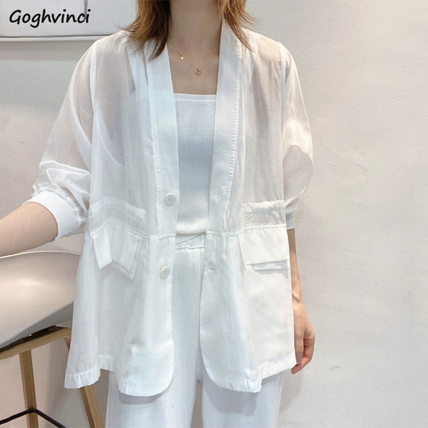 Women Blazers Sun-proof Summer Sheer Casual Korean Style Breathable Cozy All-match Outerwear Elegant Female Office New