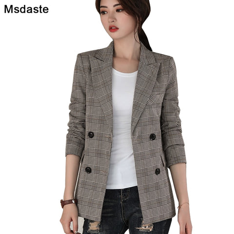 Women Blazers and Jackets 2023 Autumn Casual Double Breasted Female Blaser Plus Size S~3XL Vintage Woman Plaid Blazer Coats