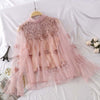 Women Blouse Autumn Turtleneck Shirt Sweet Floral Embroidery Mesh Lace Blouses Spring Lady Long Sleeve Slim Blusas Tops SF2100