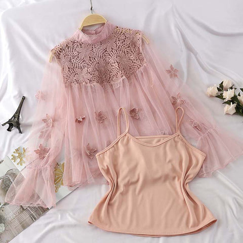 Women Blouse Autumn Turtleneck Shirt Sweet Floral Embroidery Mesh Lace Blouses Spring Lady Long Sleeve Slim Blusas Tops SF2100