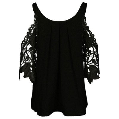 Women Blouse Sexy Lace Hollow Out Cold Shoulder Long Sleeve O Neck Shirt Tops
