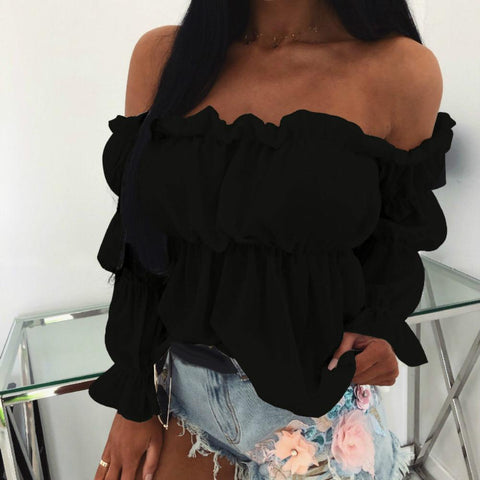 Women Blouse Solid Color Long Sleeve Lace Off Shoulder Ruffled Edges Short Blouse Shirt Ladies Top Clothing блузка женская 2023