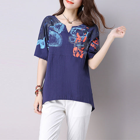 Women Blouse Summer Autumn Cotton Linen Print Blouse Batwing sleeve Shirts blusas femininas plus size Loose Casual Women Tops