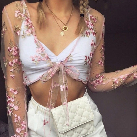 Women Blouse Summer See-through Sheer Mesh Fishnet Long Sleeve Shirt Ladies Tops Blouse Tee Tops Blouses Woman 2023 Floral Shirt