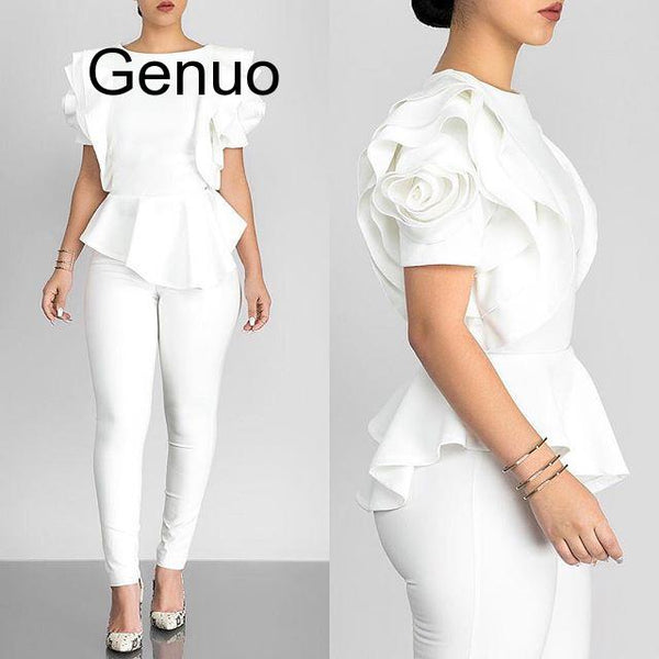 Women Blouse Tops Shirt Layers Petal Sleeves Elegant Spring Summer Rose Red Blue Black White Bluas Ruffles Classy Lady