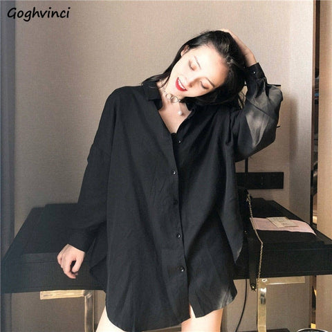 Women Blouses Chiffon Shirts Long Sleeve Spring Black BF Ulzzang Loose All-match Tops Chic Womens Students Casual Simple