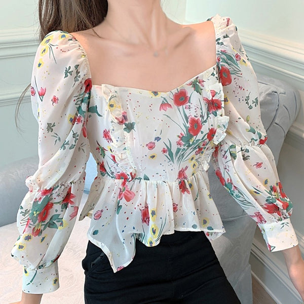 Women Blouses Liva Girl Flower Square Neck Ruffled Slim Sexy Chiffon Shirts Top White One Size Camisa Backless Autumn Blusas