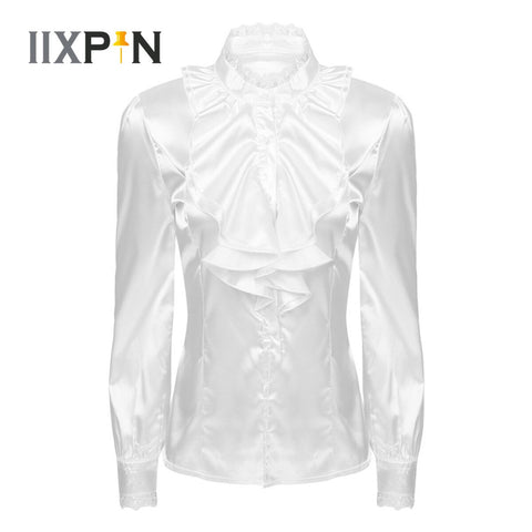 Women Blouses Long Sleeve Female White Shirt Tops OL Style Faux Silk Stand Collar Lace Ruffle Neck Blouse Office Lady Blusas