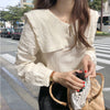 Women Blouses Peter-pan Collar Spring Shirts Solid All-match Elegant Long-sleeve Loose Outerwear Sweet Lovely Girls Chic Vintage