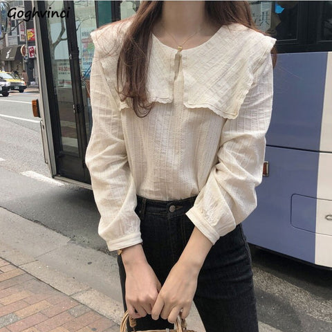 Women Blouses Peter-pan Collar Spring Shirts Solid All-match Elegant Long-sleeve Loose Outerwear Sweet Lovely Girls Chic Vintage