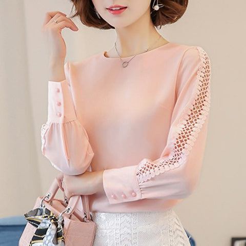 Women Blouses Shirt Hollow Out Lace Blouse Tops For Office Ladies Shirt Geometry Casual Work Wear Blusa Feminina White Pink E740