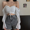 Women Blouses Solid Color Square Collar Shirts Pleated Pull-Out Sexy Long-Sleeved Chiffon Navel Camiseta Top One Size Vetements