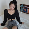 Women Blouses Solid Color Square Collar Shirts Pleated Pull-Out Sexy Long-Sleeved Chiffon Navel Camiseta Top One Size Vetements
