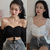 Women Blouses Solid Color Square Collar Shirts Pleated Pull-Out Sexy Long-Sleeved Chiffon Navel Camiseta Top One Size Vetements