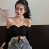 Women Blouses Solid Color Square Collar Shirts Pleated Pull-Out Sexy Long-Sleeved Chiffon Navel Camiseta Top One Size Vetements