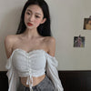 Women Blouses Solid Color Square Collar Shirts Pleated Pull-Out Sexy Long-Sleeved Chiffon Navel Camiseta Top One Size Vetements