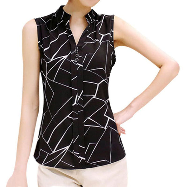 Women Blouses Summer Korean Style Elegant Sleeveless Flower Print Shirt Ladies Tops Female Clothing