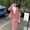 Women Blue Plaid V Neck Blazer Suit Ladies Autumn 2 Piece Set Femme Full Sleeve Single Breasted Coat+Straight Midi Skirt Outfits