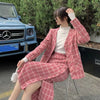 Women Blue Plaid V Neck Blazer Suit Ladies Autumn 2 Piece Set Femme Full Sleeve Single Breasted Coat+Straight Midi Skirt Outfits