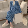 Women Blue Plaid V Neck Blazer Suit Ladies Autumn 2 Piece Set Femme Full Sleeve Single Breasted Coat+Straight Midi Skirt Outfits