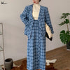 Women Blue Plaid V Neck Blazer Suit Ladies Autumn 2 Piece Set Femme Full Sleeve Single Breasted Coat+Straight Midi Skirt Outfits