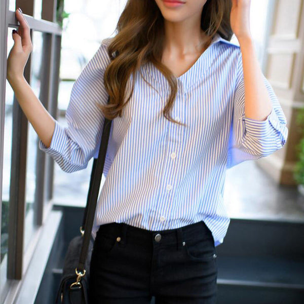 Women Blue Striped Casual Blouse Autumn Fashion V-Neck Three Quarter Sleeve Shirts Women Buttons Loose Tops Ladies Workwear