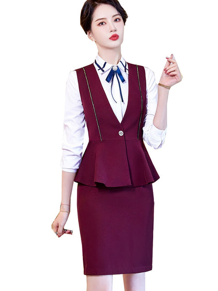 Women Blue Wine Navy Black Vest and Skirt Suit Two Piece Set for Office Ladies Formal Business Work Wear