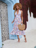 Women Bohemian Floral Printed Beach Party Maxi Dress Sexy Halter Backless Lace Up A Line Chiffon 2023 Elegant Long Summer Dress