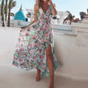 Women Boho Dress Blue Floral Printed Long Maxi Dress Deep V-neck Summer Beach Evening Party Sundress Sleeveless Dresses Vestidos