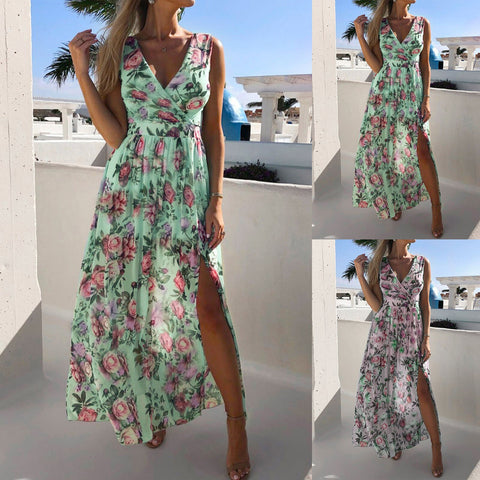 Women Boho Dress Blue Floral Printed Long Maxi Dress Deep V-neck Summer Beach Evening Party Sundress Sleeveless Dresses Vestidos