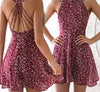 Women Boho Dress Floral Printed Halter Backless Sleeveless Hollow Bandage Sundress Slim Mini A Line Leaves Short Vestidos